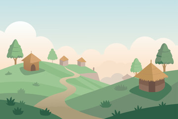 Obraz premium Cartoon nature landscape vector with green trees, mountains, grass, and a bright sun in the blue sky