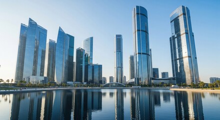 Naklejka premium A city skyline is reflected in the water in the middle of the day