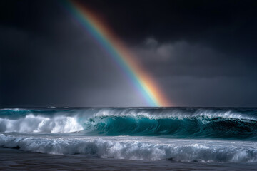Rainbow over ocean with stormy dark clouds. A beautiful rainbow arches gracefully over the vast ocean, creating a dramatic contrast against dark, stormy clouds and waves. 