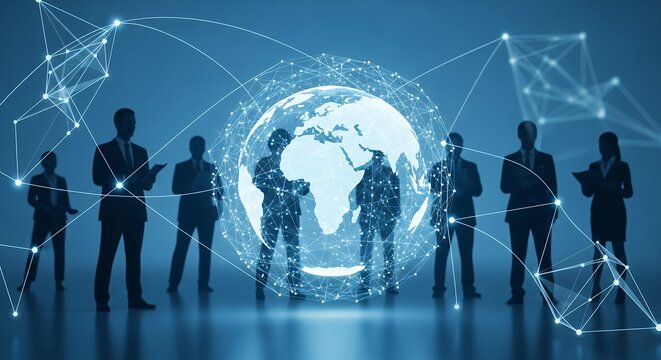Global Business Network Connection Team Collaboration with Earth Globe Digital Technology Visualization for International Strategy Planning