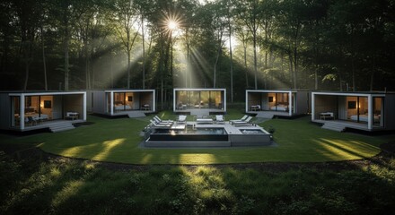 Luxurious mountain cabin complex nestled in a serene forest, featuring a refreshing outdoor swimming pool