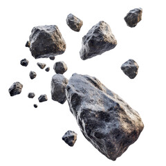 Flying asteroids, cluster of asteroids soaring through space, isolated on transparent background