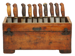 Wooden box holds a collection of antique knives.  Handles are wood, blades are metal.  Box shows signs of age and use