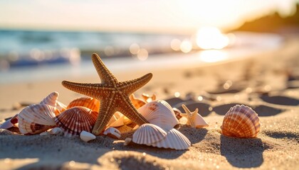 Seashells and Starfish on Sand