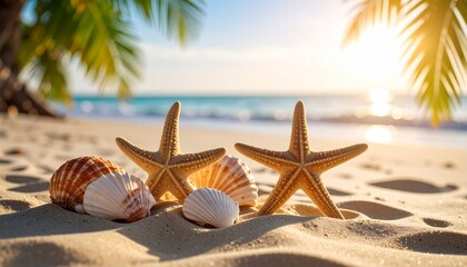 Starfish and Seashells on Tropical Beach