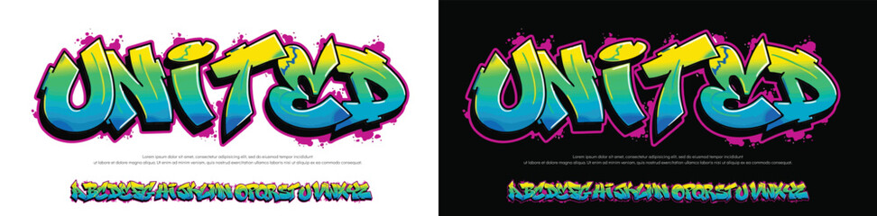 United logo graffiti font text effect, spray and street text style	

