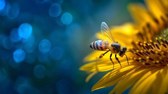A bee landing on a sunflower with visible pollen