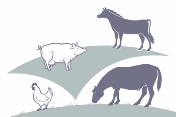 Minimalist Vector Silhouettes of Farm Animals – Cow, Pig, Chicken, and Horse Collection