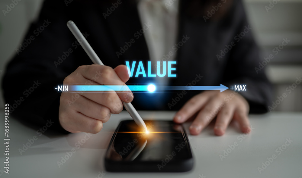 Poster value measurement and adjustment concept showing value, performance, and optimization level with foc