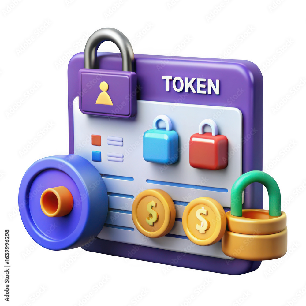 Poster digital security token with padlocks and coins isolated on transparent background