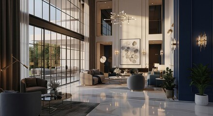 Luxurious residential building lobby showcasing elegant contemporary design and sophisticated interior architecture