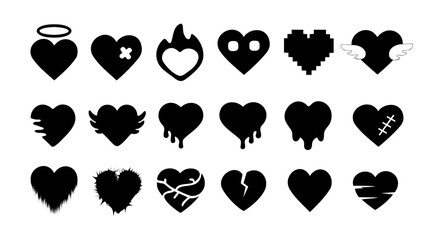 A Unique Set Of Black Heart Silhouettes Featuring Various Emotional Styles Like Broken, Angel, Pixel, Flame, And More. Ideal For Love, Romance, Tattoo, Sticker, And Graphic Design Projects