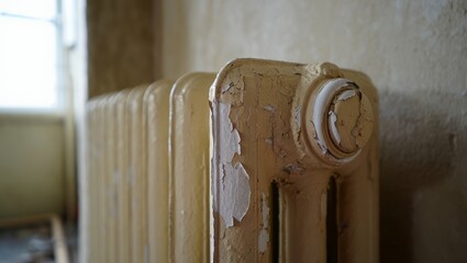 Aged radiator with peeling paint in vintage interior setting