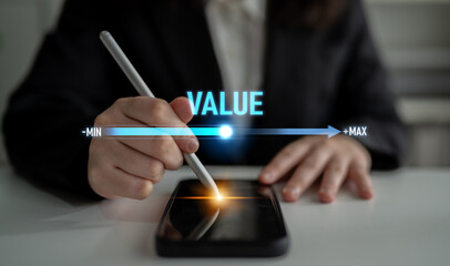 Value measurement and adjustment concept showing value, performance, and optimization level with...