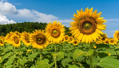Obraz premium Bright sunflower field under blue sky