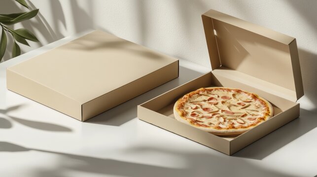 Delicious pizza in open box mockup for delivery and packaging design
