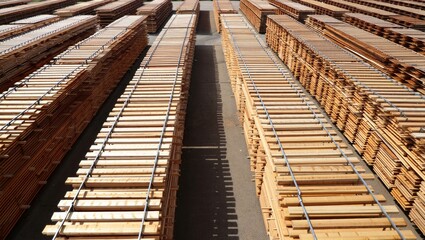Timber drying yard with sunlit planks in outdoor industrial setting