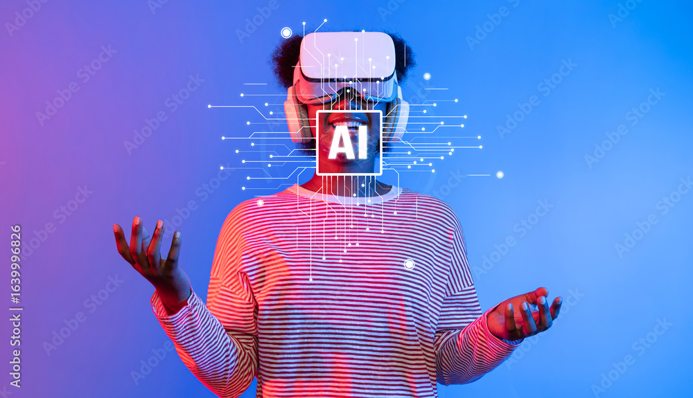Poster a person is immersed in a virtual reality experience, engaging with ai technology visuals, represent
