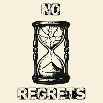 "No Regrets" sand details in gray, black outlines, white highlights, vintage tattoo style