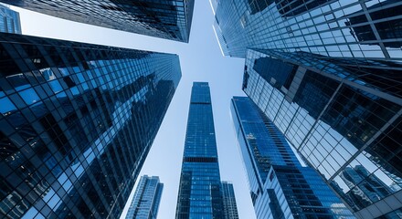 Modern Cityscape Architecture  Low Angle View of Towering Skyscrapers Against a Bright Blue Sky for Business and Urban Themes