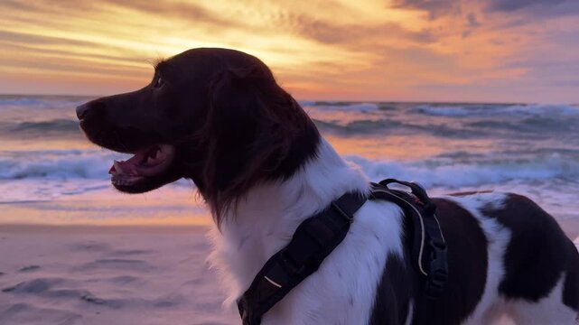 Pies na plaży, Mały Munsterlander, wyżeł na plaży zachod słonca, pomaranczowe niebo,  Pies na wakacjach, urlop z psem.