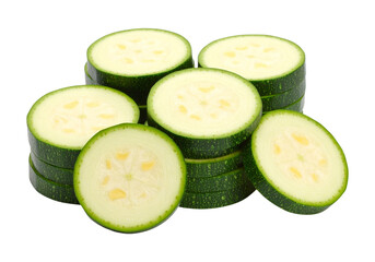 Freshly sliced zucchini rounds stacked together isolated on transparent background