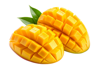 Two ripe yellow mangoes with green leaves expertly cut and presented on a transparent background isolated on transparent background