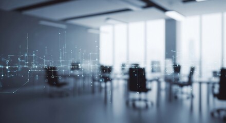 Blurred office workspace in the evening , interior workplace with cityscape for business presentation background