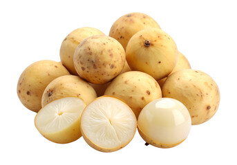 A pile of ripe yellow langsat fruit with some cut in half showing the white flesh isolated on transparent background