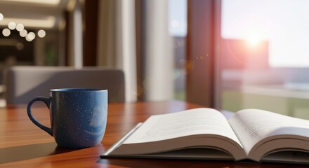 Open book with a cup of coffee for morning devotion on wooden table with window light