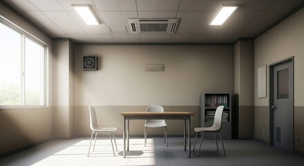 A desolate retro anime police precinct interrogation room, stark and silent, awaiting a suspect.
