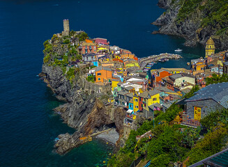 Arial view of village in Qinque terre, Italy