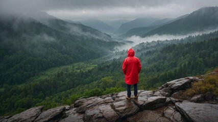 Obraz premium Person in red rain coat standing on wet rock looking at cloudy foggy forest and hill landscape scenery
