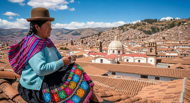 Bolivian Senior Woman Enjoying Traditional Tea on a Rooftop	