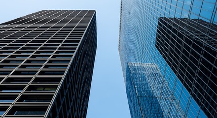 Fototapeta premium Modern Skyscrapers Architecture Low Angle View Blue Sky Reflection Glass Facade Downtown Urban Cityscape Business Office Building Design