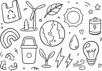 Ecosystem and environment doodle on white background