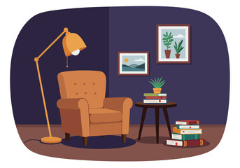 Cozy reading corner in a home library with a comfortable armchair, floor lamp, and stacks of books for a quiet evening of study.