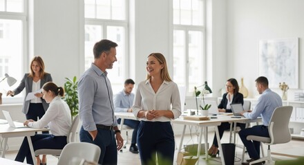 Two professional colleagues engaged in a focused discussion about a project in a bright, modern office environment