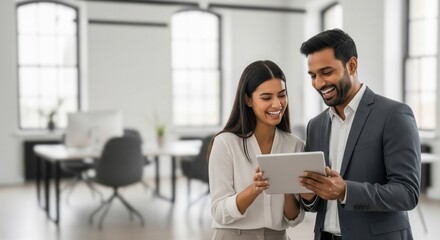 Business colleagues sharing a laugh over a tablet, male executive and young female employee