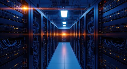 Fototapeta premium Row of network servers with glowing led lights