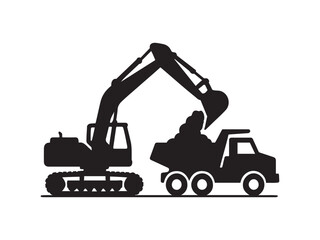
Black and white excavator loading dump truck silhouette