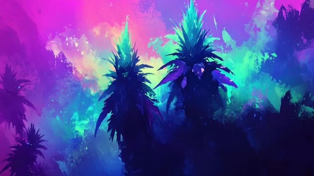 Vibrant, abstract palm trees against a backdrop of vibrant, painted colors