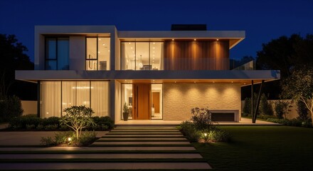 Fototapeta premium Sleek contemporary home illuminated under a dark starry sky, showcasing sophisticated architectural design