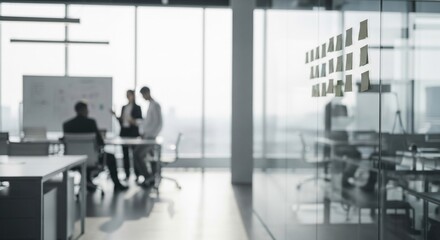 Blurred office workspace, interior workplace with cityscape for business presentation background