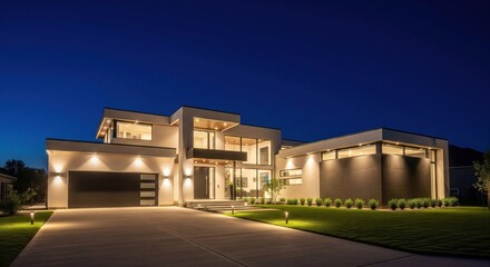 Fototapeta premium Sleek contemporary home illuminated under a dark starry sky, showcasing sophisticated architectural design