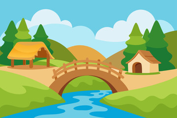 Fototapeta premium A charming summer landscape vector illustration of a house on a green hill with a blue sky