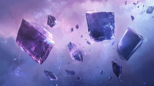 Purple and blue crystalline fragments float in a hazy, ethereal space