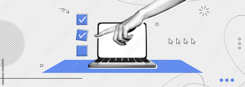Poster trendy halftone collage business performance checklist. computer laptop with hand and check list. or