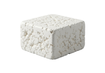 Pristine, firm white feta cheese block with crumbly texture, centrally placed on smooth transparent background with shadowless studio lighting, concept for dairy product advertising