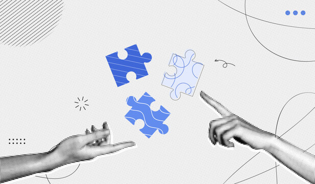 Trendy Halftone Collage Two Hands with puzzle pieces. Teamwork concept. Business idea and solution. Partnership relationship. New startup. Career development. Contemporary vector illustration art